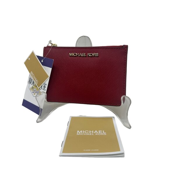 NWT Michael Kors Jet Set Travel Scarlet Leather Coinpouch Wallet Gold Accents - Picture 7 of 12